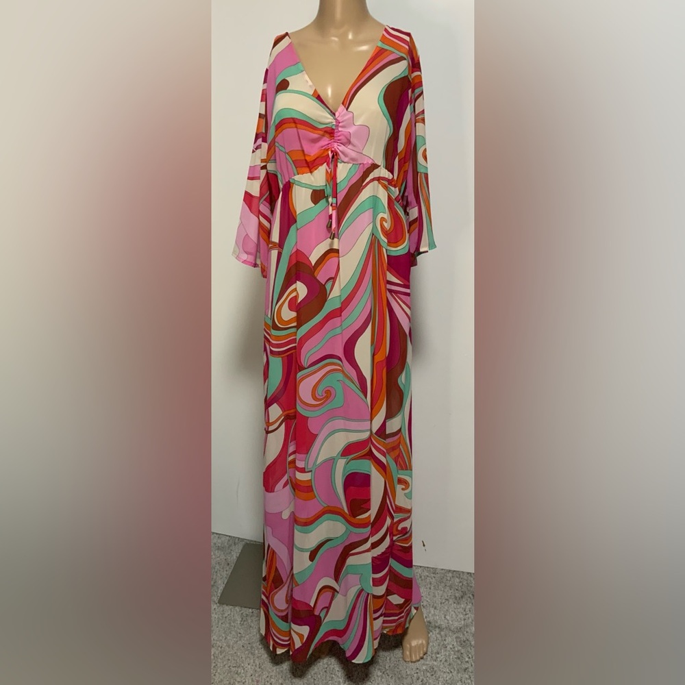Red, Pink, & Teal Maxi Dress with Flutter Sleeves